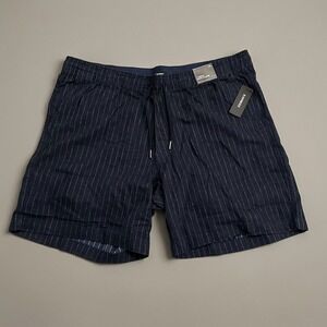 NWT Express Men's Shorts XL Navy Pinstripe Linen Blend 7" Inseam Drawstring